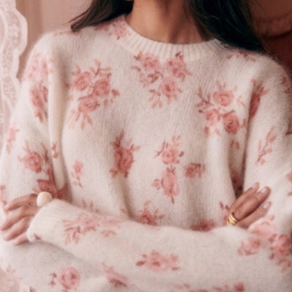 SÉZANE Eloisa Kid Mohair Pink Floral Cream Jumper Like New XXS - Picture 2 of 10